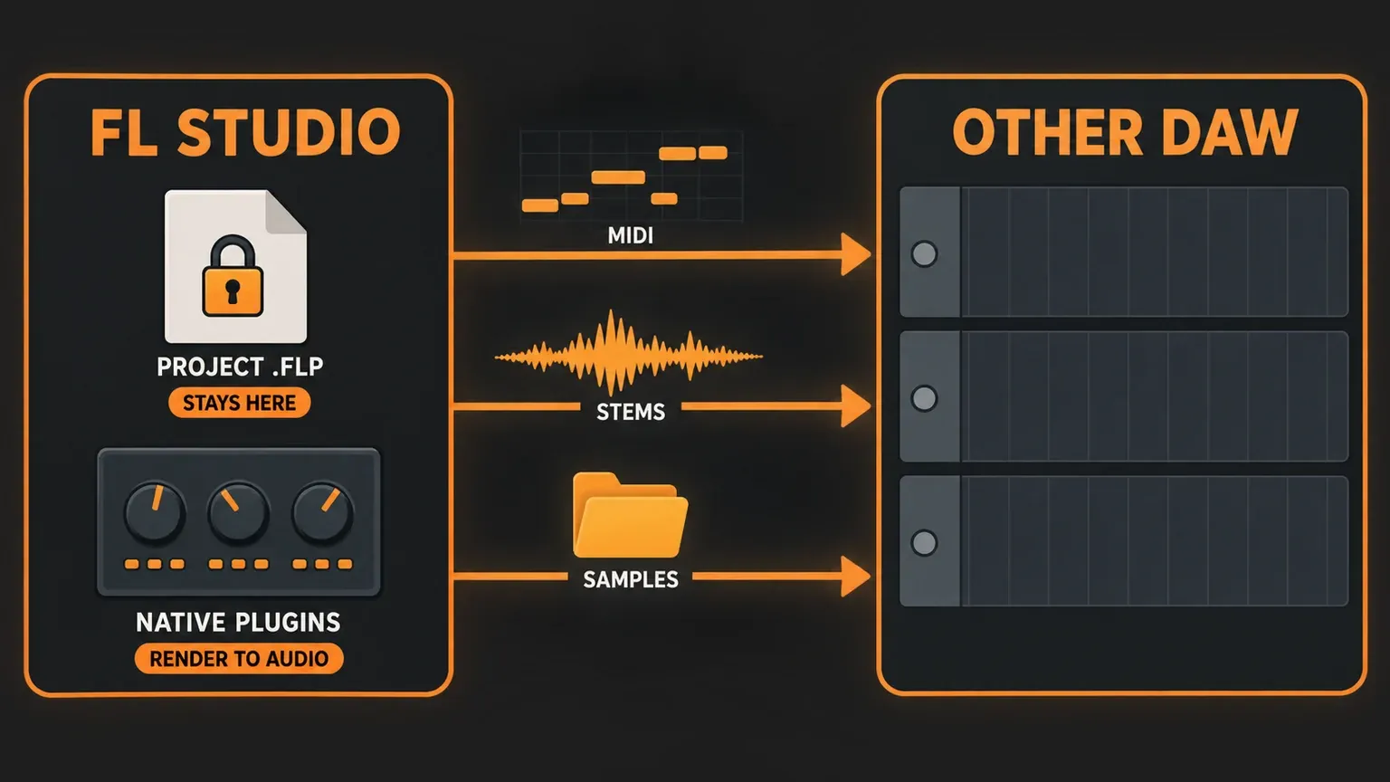 Diagram with an FL Studio panel holding a locked project .flp file tagged stays here and a native plugin tagged render to audio, and three arrows carrying MIDI notes, audio stems and a samples folder to three empty tracks in another DAW