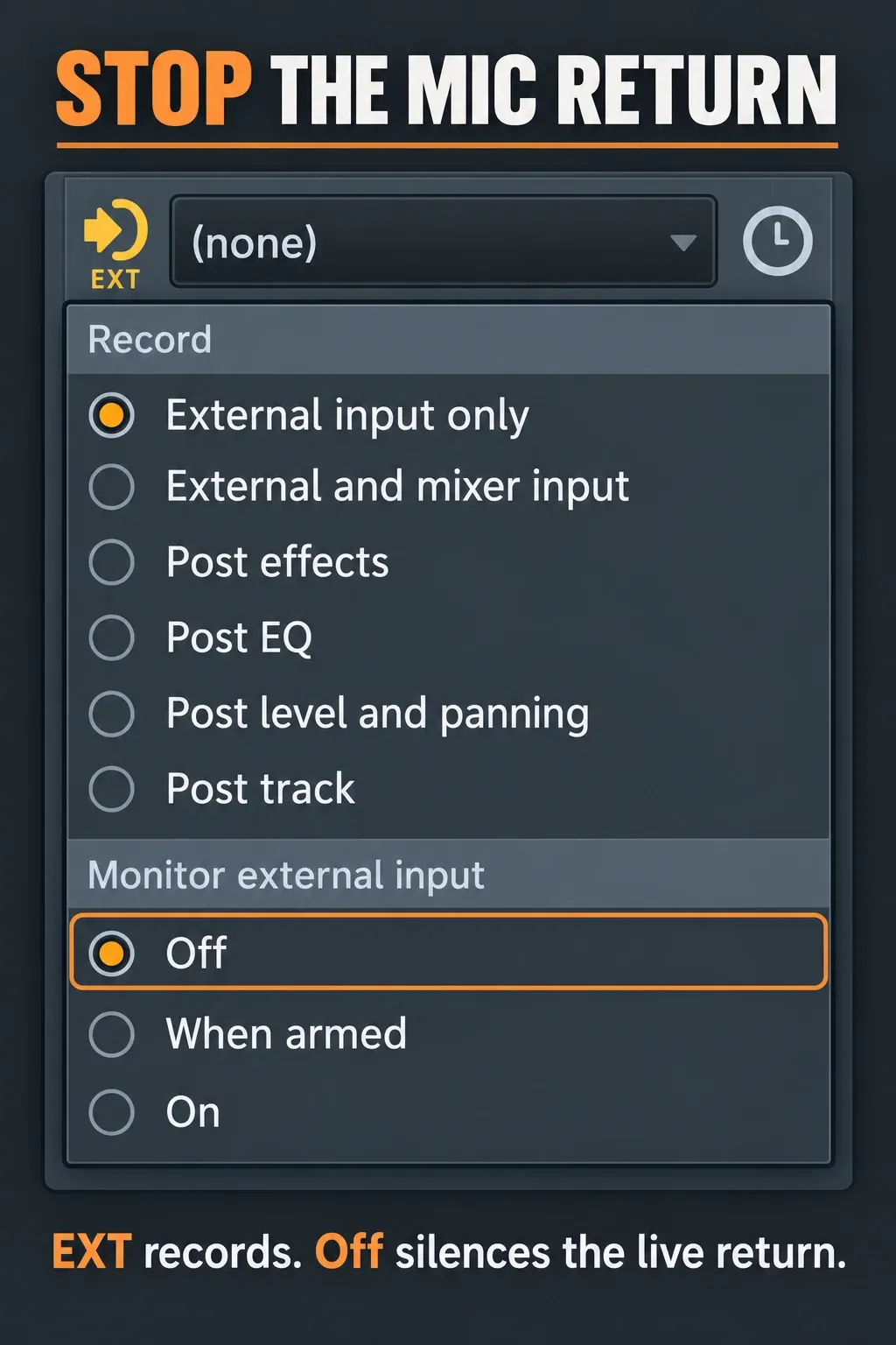 FL Studio Recording Pickup menu with External input only and Monitor external input Off selected