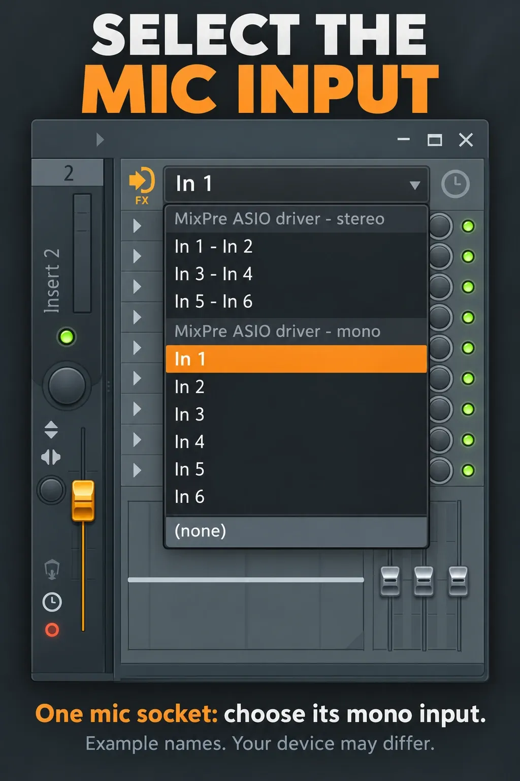 FL Studio Mixer input menu separating stereo input pairs from individual mono microphone inputs