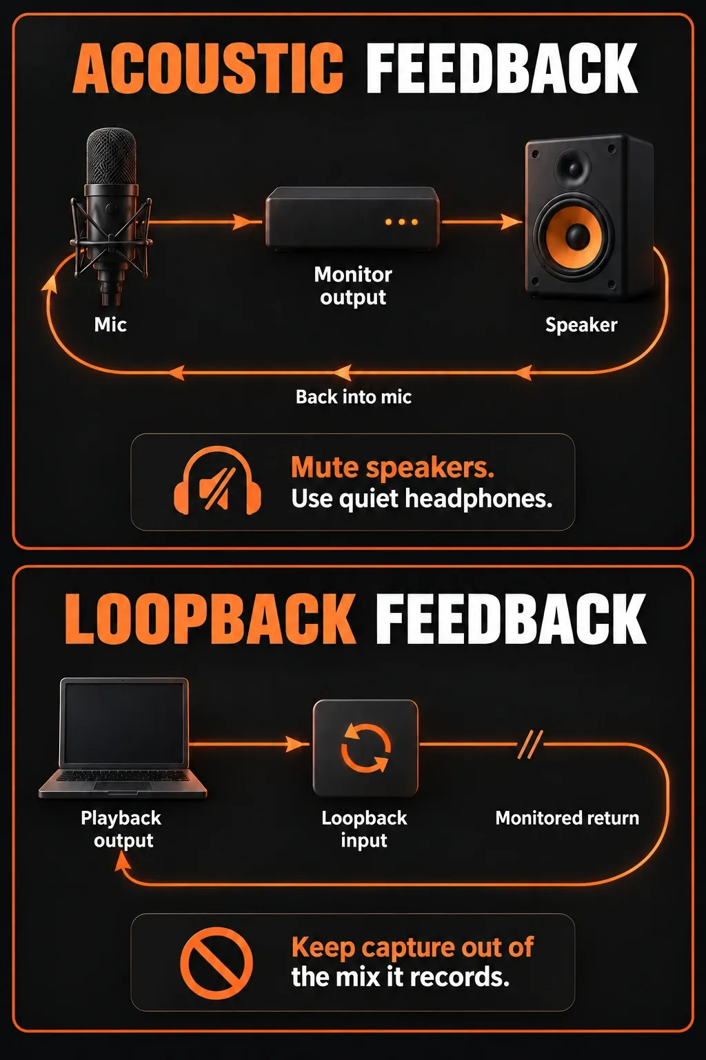Acoustic feedback through a speaker and microphone compared with an output-to-loopback recording loop
