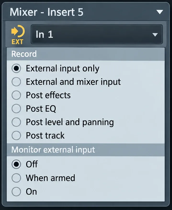 FL Studio Recording Pickup menu with External input only selected and Monitor external input set to Off