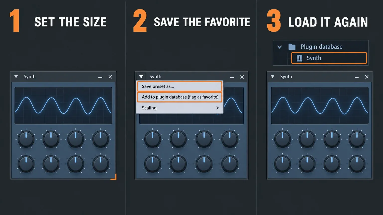 Three-step sequence on a plugin window in FL Studio: first the plugin is set to the right size, then the top-left menu is opened with Save preset as and Add to plugin database (flag as favorite) highlighted, then the plugin is loaded again from the Plugin database favorite at the same size