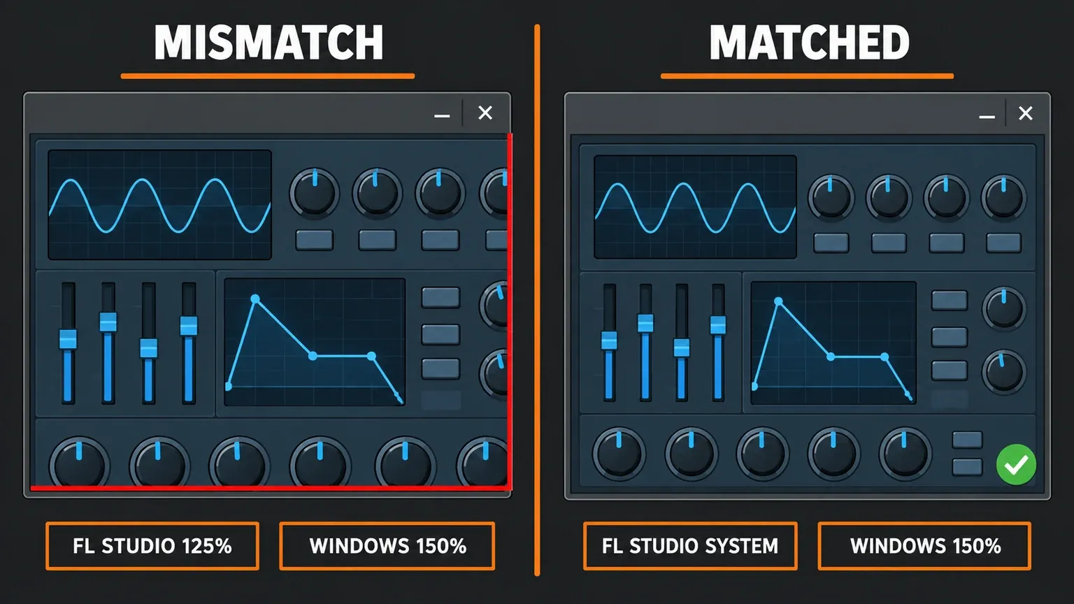 Two plugin windows side by side; on the left, marked Mismatch with FL Studio at 125% and Windows at 150%, the plugin editor is larger than its frame and its right and bottom edges are clipped; on the right, marked Matched with FL Studio on System and Windows at 150%, the editor fits its frame