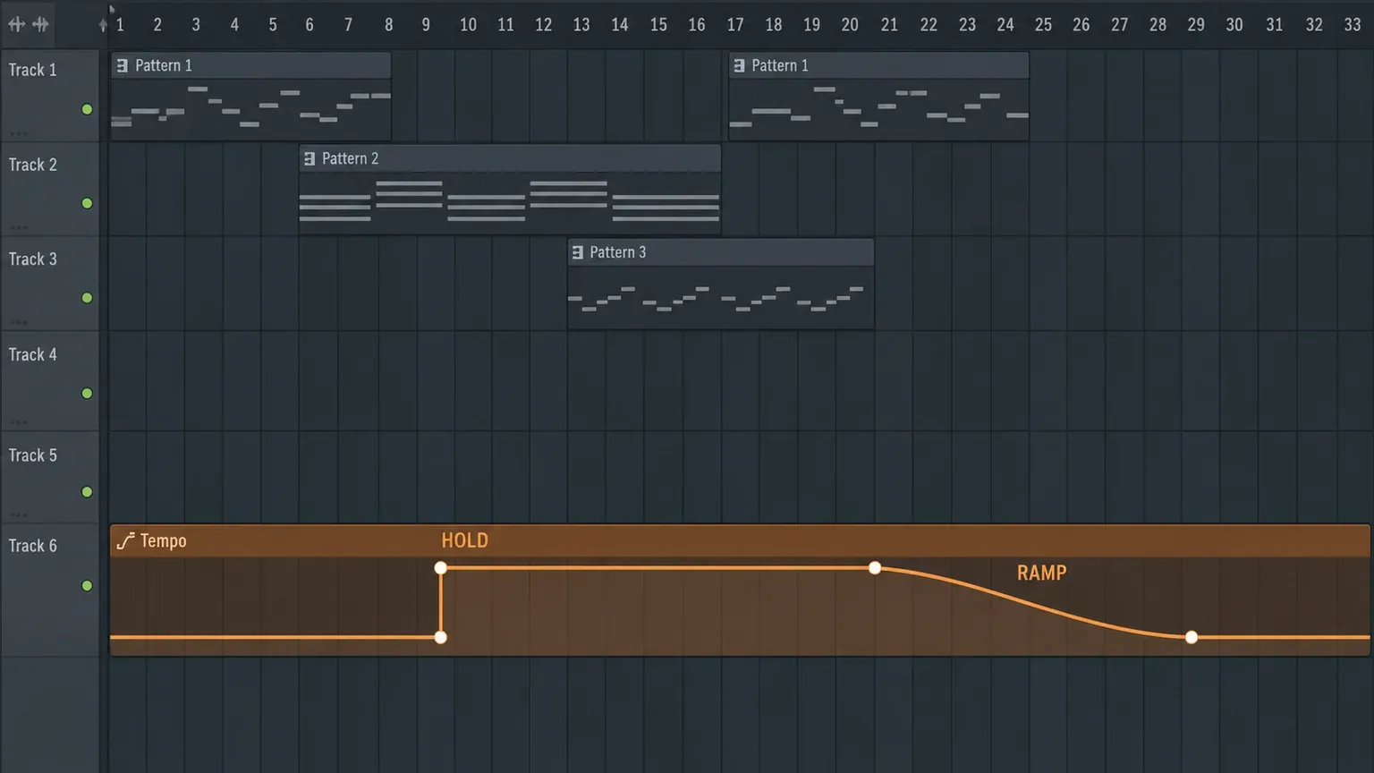 FL Studio Playlist Tempo Automation Clip with a sudden Hold step and a gradual tempo ramp