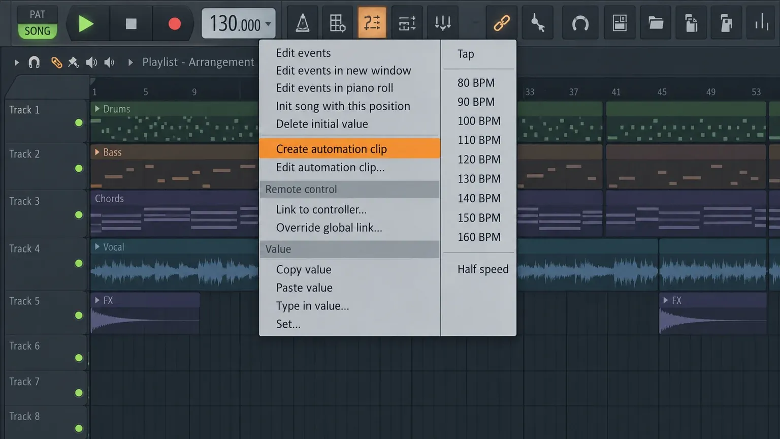 FL Studio tempo display right-click menu with Create automation clip highlighted