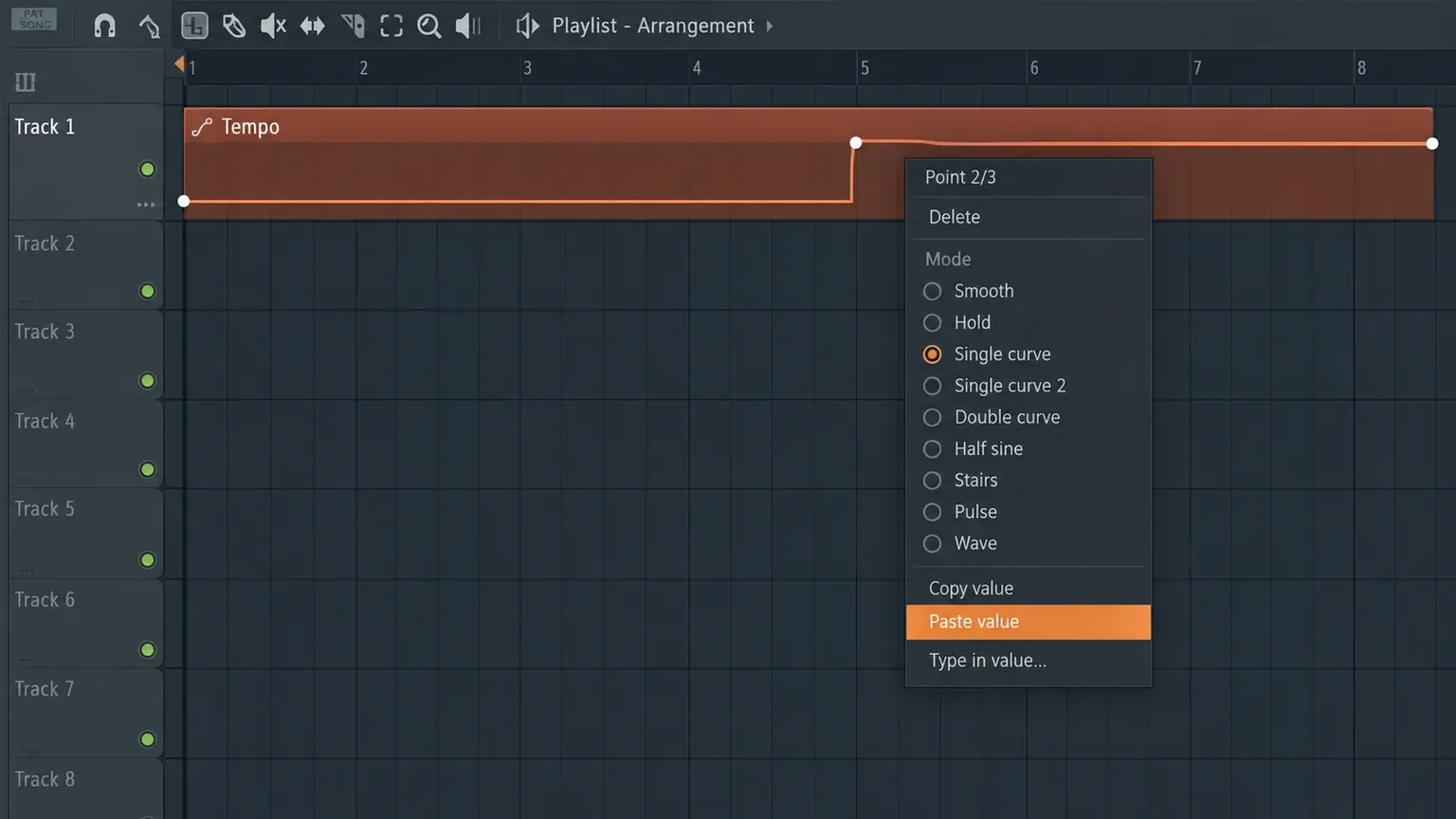 FL Studio Tempo Automation Clip control point menu with Paste value highlighted