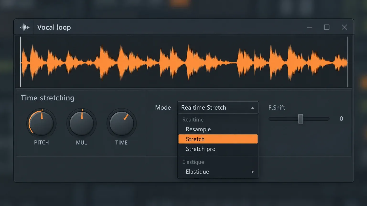 FL Studio Audio Clip channel settings with time stretching Mode set to Realtime Stretch