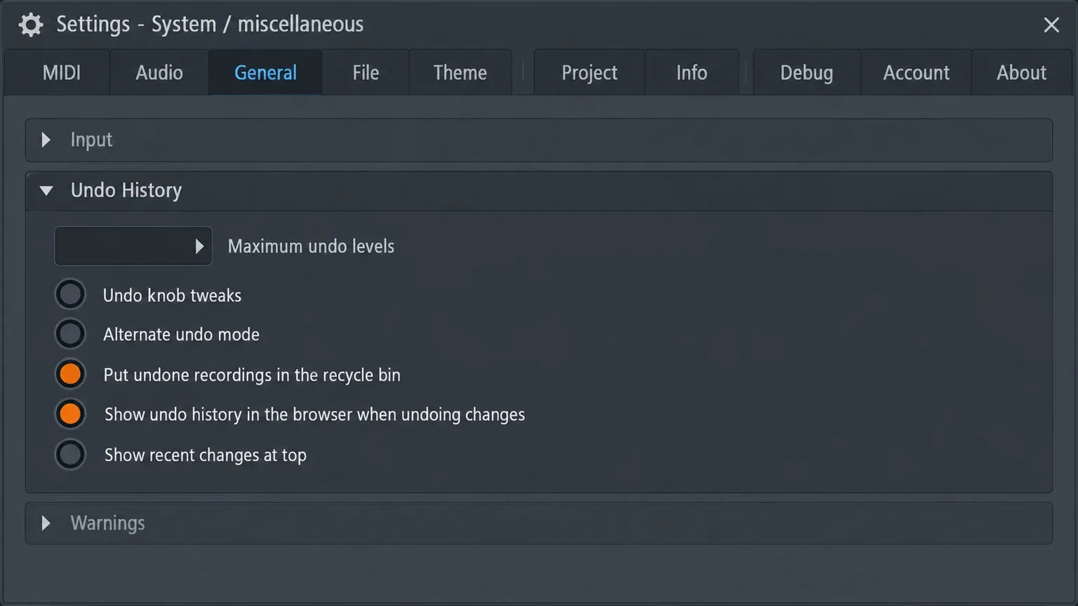 FL Studio General settings Undo History section with Maximum undo levels, Undo knob tweaks, Alternate undo mode and recycle bin options