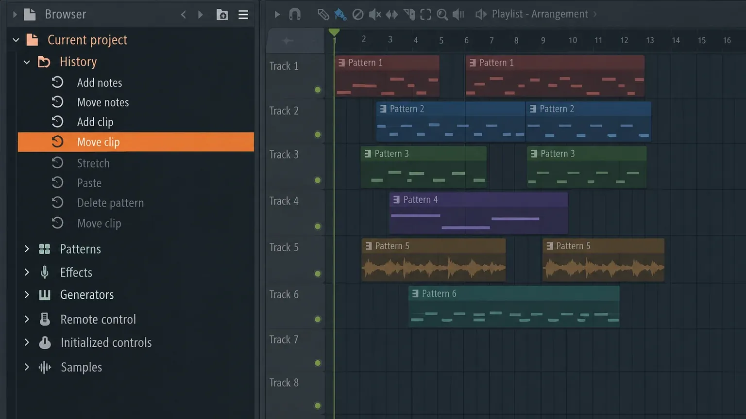 FL Studio Browser with Current project expanded to History, listing undo steps with the newest at the bottom, one earlier step selected and the undone steps below it dimmed