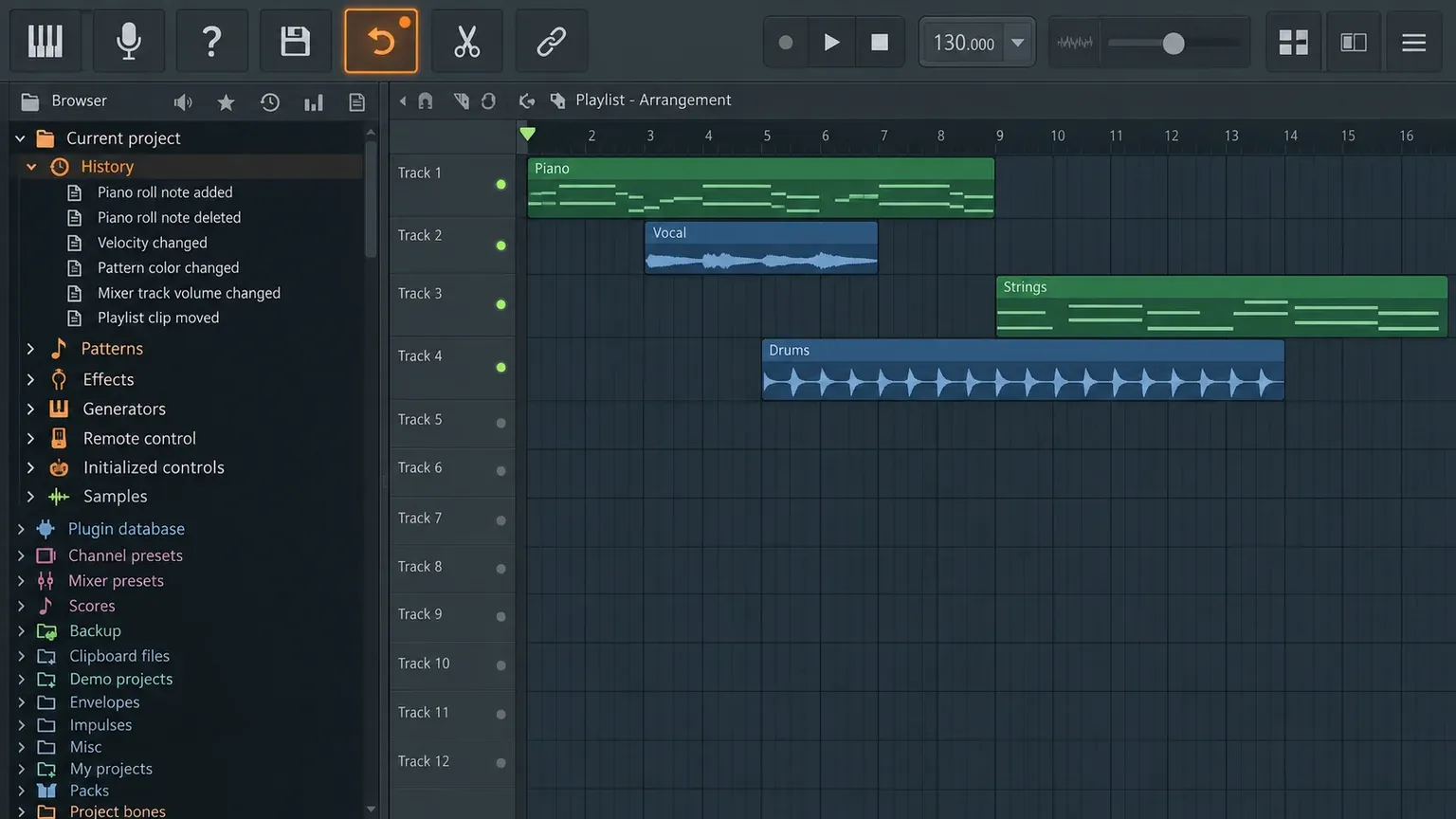 FL Studio toolbar Undo button with a right-click opening Current project History in the Browser