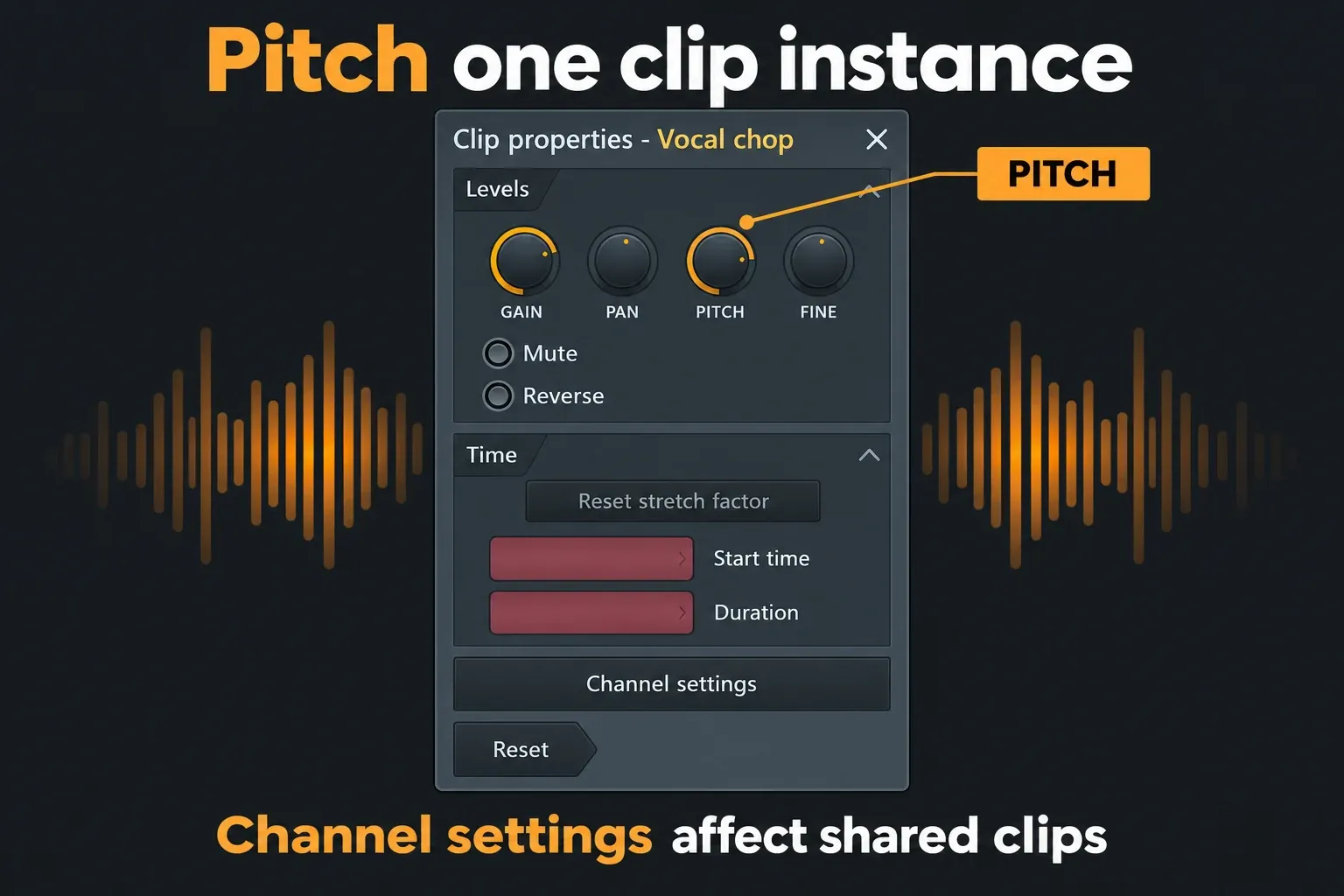 Single-selection Clip properties window with GAIN PAN PITCH and FINE controls and PITCH highlighted