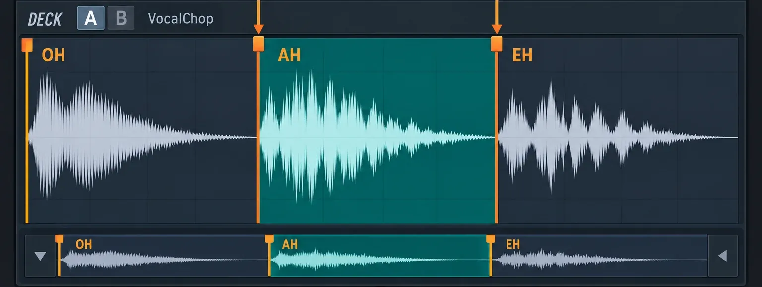 Slicex Wave Editor vocal phrase divided into OH AH and EH regions with the middle region selected