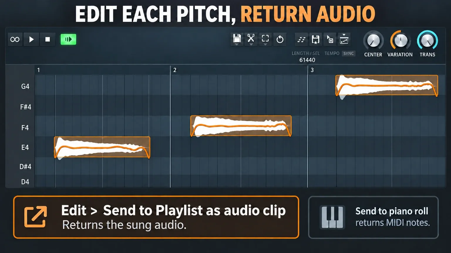 NewTone note editing with separate targets E4 F4 and G4, plus the Edit menu command Send to Playlist as audio clip