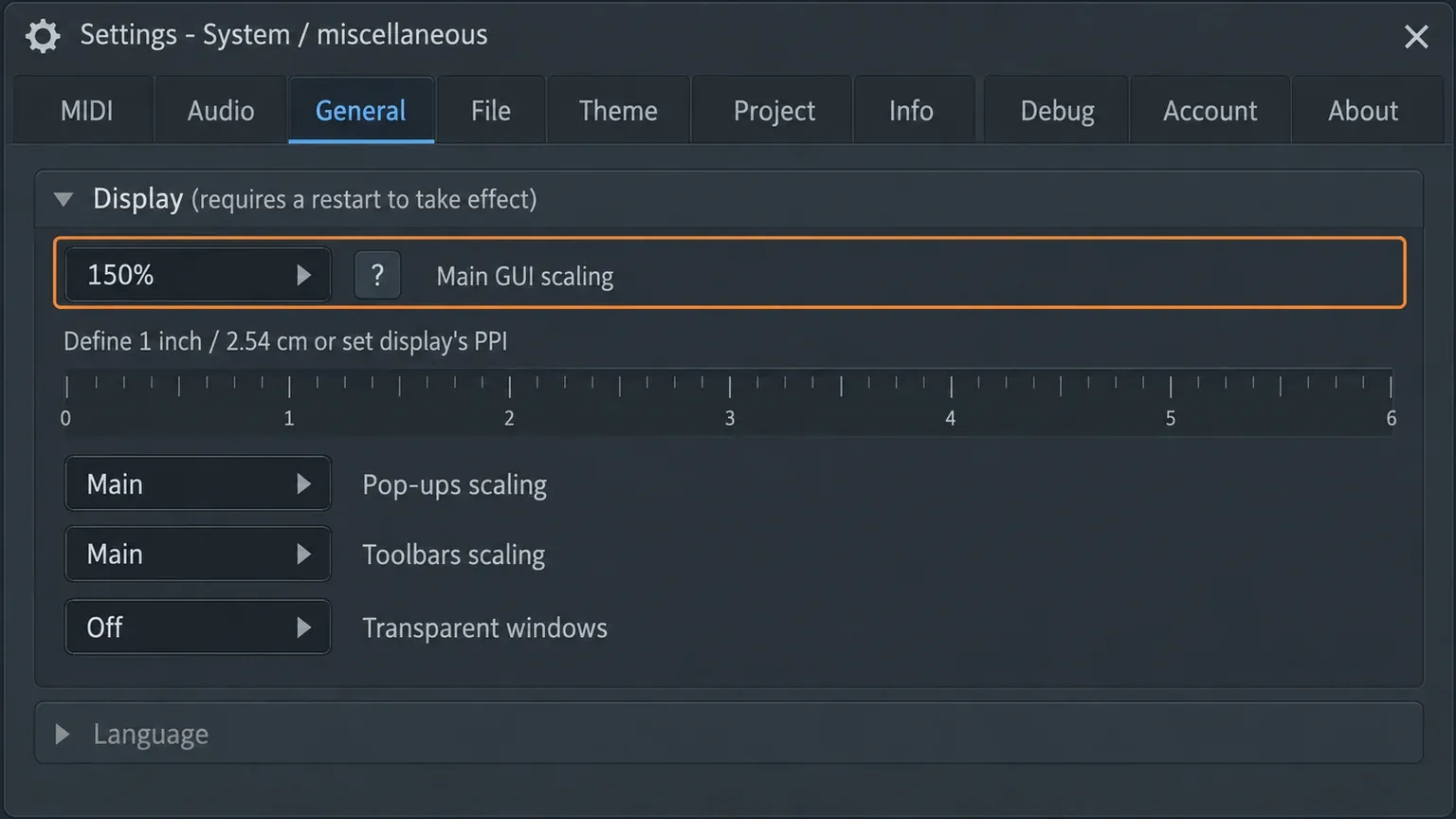 FL Studio Settings window on the General tab, Display section, with Main GUI scaling at 150% and Pop-ups scaling and Toolbars scaling set to Main