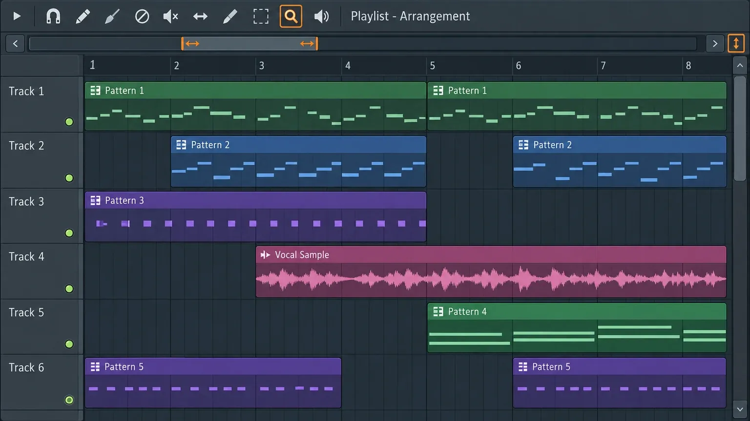 FL Studio Playlist with the horizontal scroll handle edges, the track height control and the Zoom tool magnifier highlighted above a short arrangement of pattern and audio clips