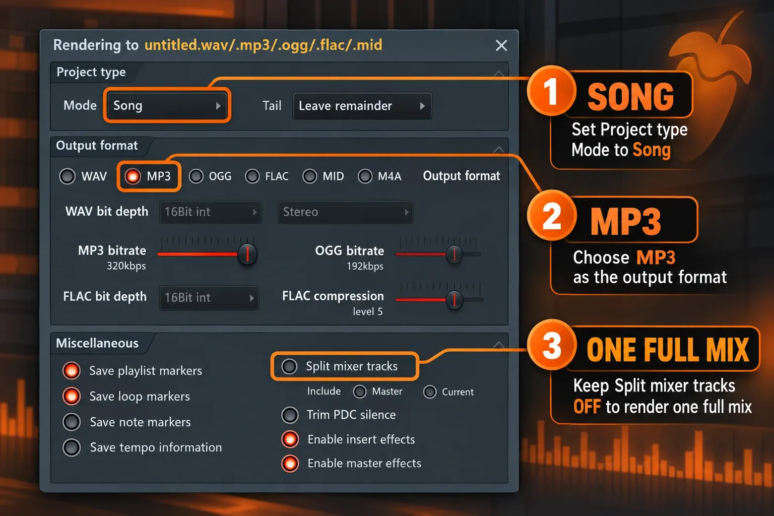 FL Studio render controls with Song mode, MP3 selected and Split mixer tracks off for one full mix