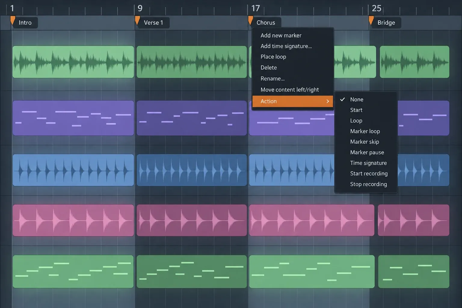 FL Studio Playlist with time markers named Intro, Verse 1, Chorus and Bridge under the bar ruler, the track area shaded by marker region and the Chorus marker right-click menu open on the Action types