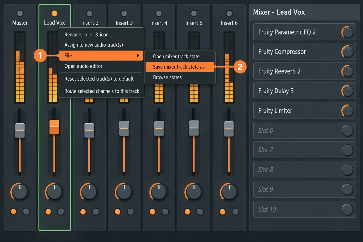 FL Studio Mixer with one insert track selected and its right-click menu open on the File submenu, showing Open mixer track state, Save mixer track state as and Browse states, with a vocal effect chain visible in the track's effect slots