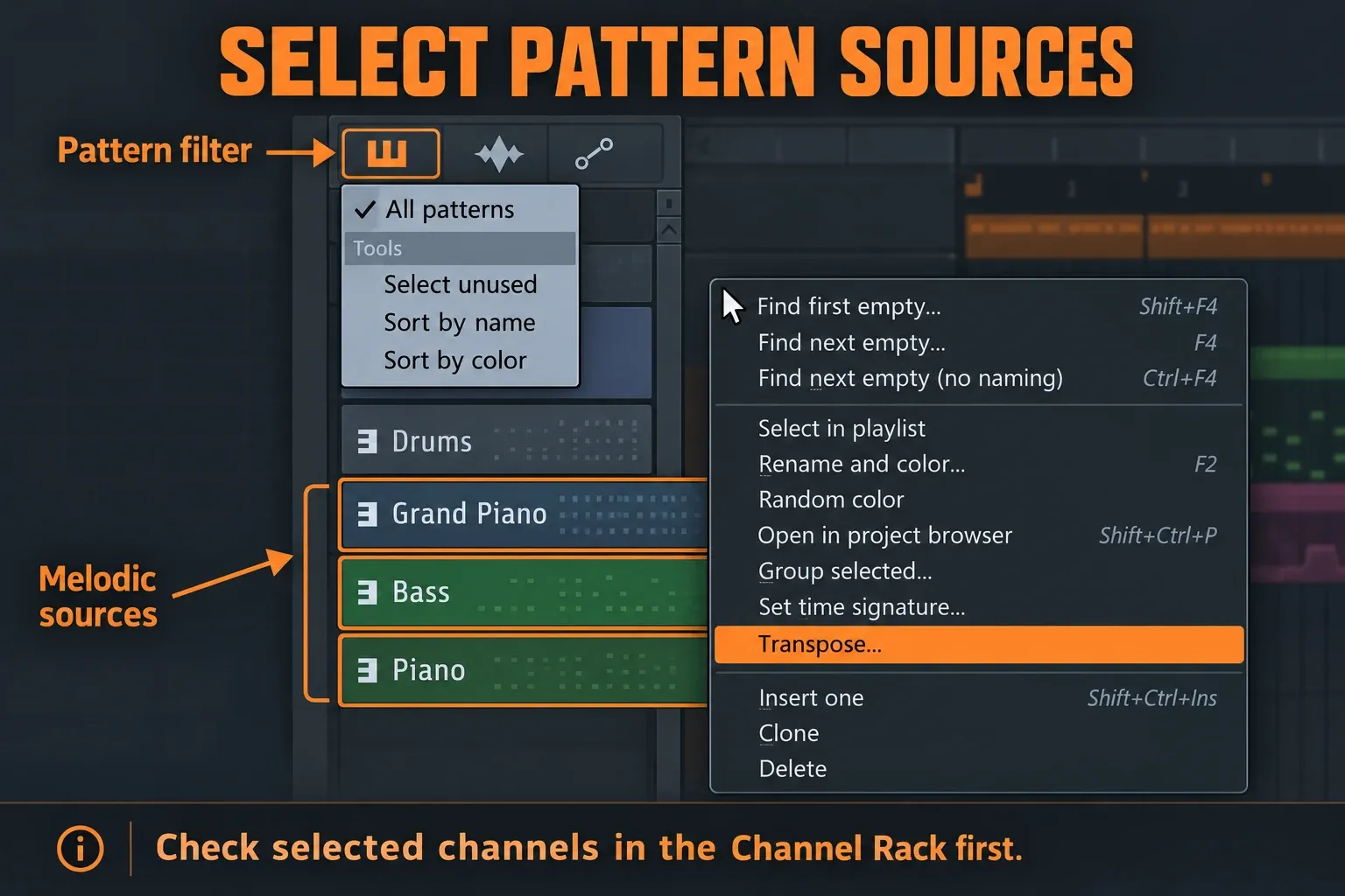 Playlist Picker Panel with the Pattern filter and source list identified for selecting melodic Patterns