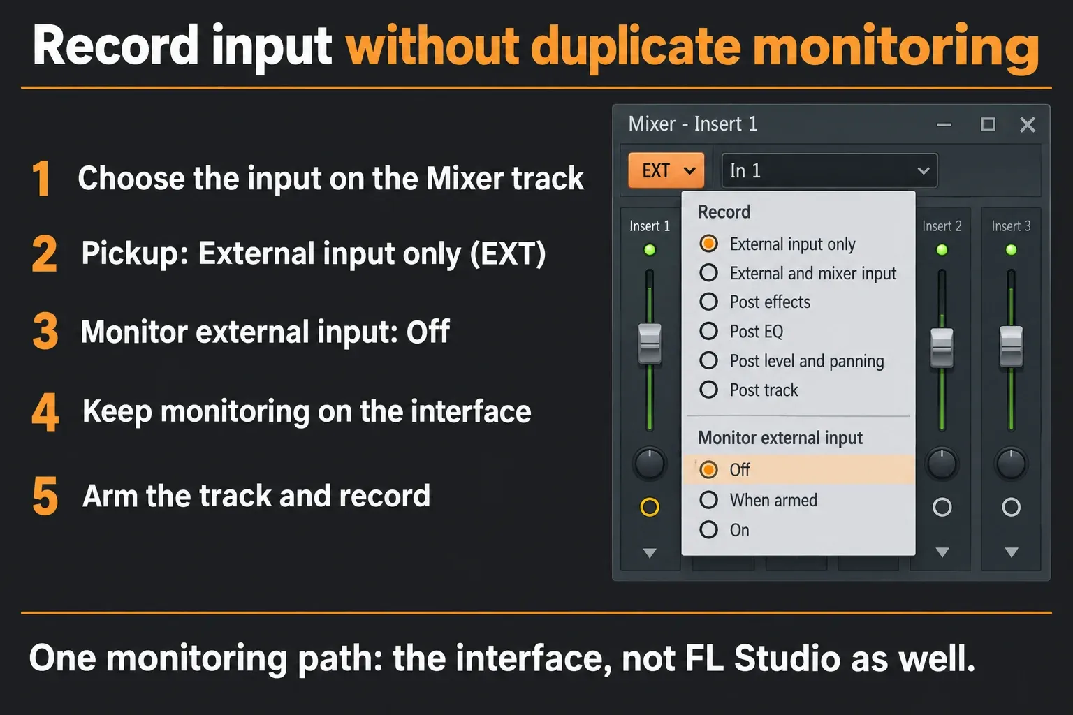 FL Studio Mixer recording pickup menu with External input only and Monitor external input Off selected