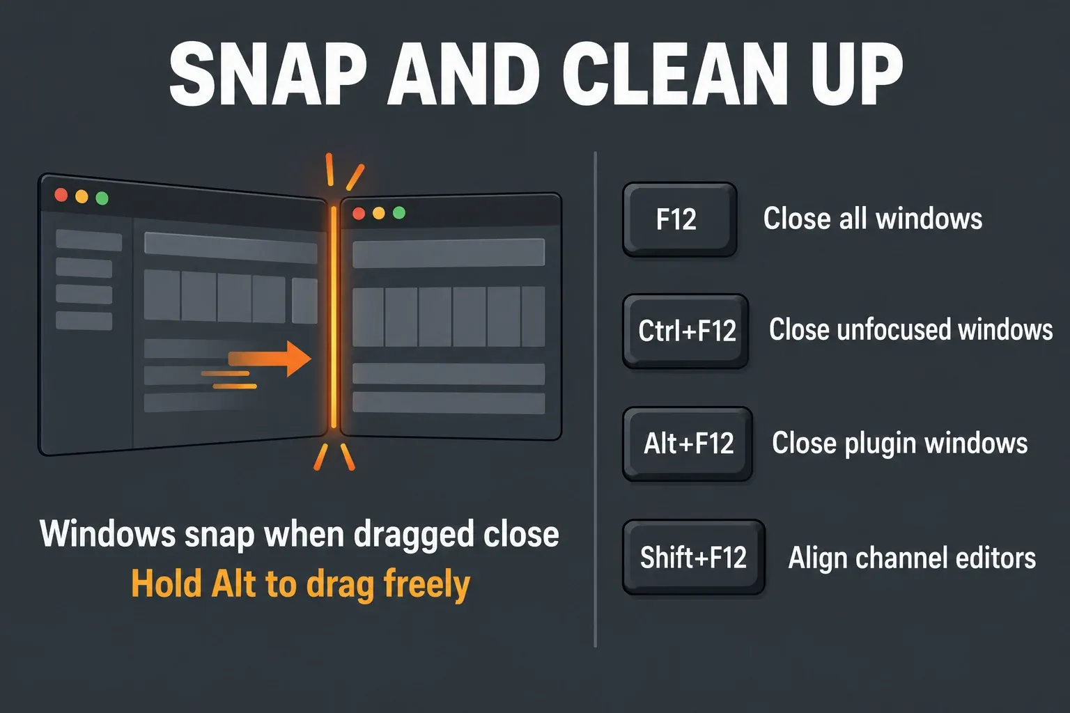 Two windows snapping together at a highlighted edge with a note to hold Alt to drag freely, beside keycaps F12, Ctrl+F12, Alt+F12 and Shift+F12 with what each one closes or aligns