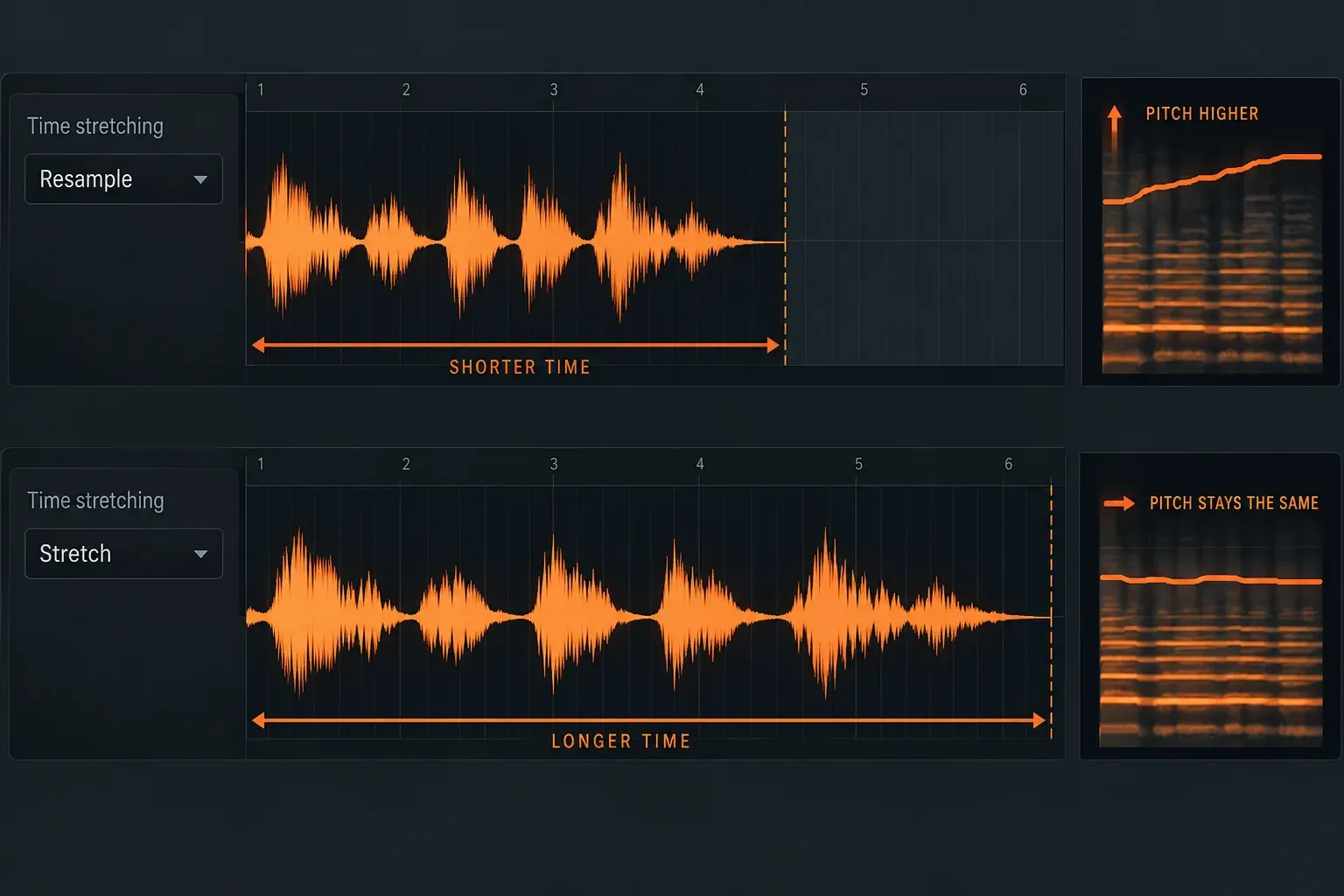 FL Studio vocal stretch choices contrasting Resample with a pitch-preserving stretch mode