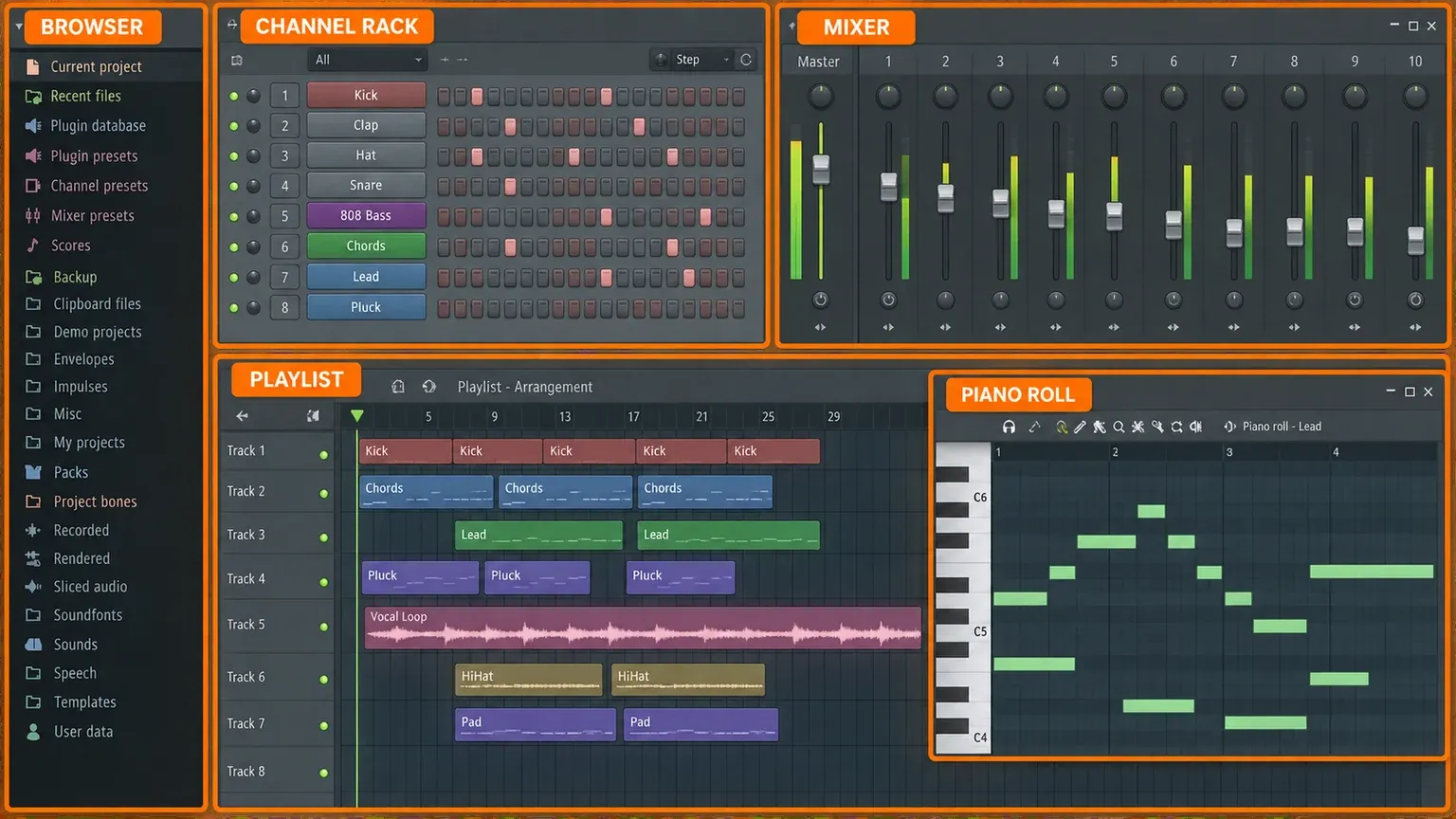 FL Studio window with orange labels on its five main parts: the Browser, a Channel rack with eight channels from Kick to Pluck, a Mixer with the Master and ten insert tracks, a Playlist arrangement with pattern clips and a vocal loop audio clip, and a Piano roll showing a lead melody