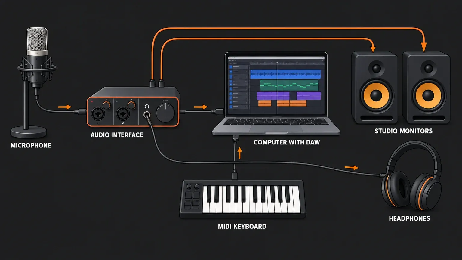 Home studio diagram with labels: a microphone cabled to input 1 of an audio interface, the interface and a MIDI keyboard both connected to a computer running a DAW, studio monitors fed from the interface's rear outputs, and headphones plugged into the interface's front jack