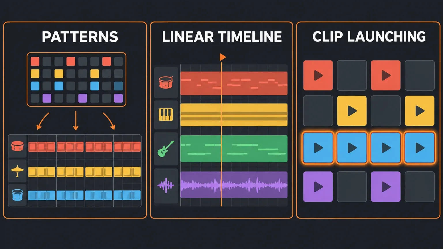 Three orange-outlined panels side by side: a step grid feeding repeated pattern blocks on drum, cymbal and snare rows; a linear timeline with drum, keys, guitar and waveform lanes under a playhead; and a four by four grid of colored clip pads with play triangles and one row highlighted