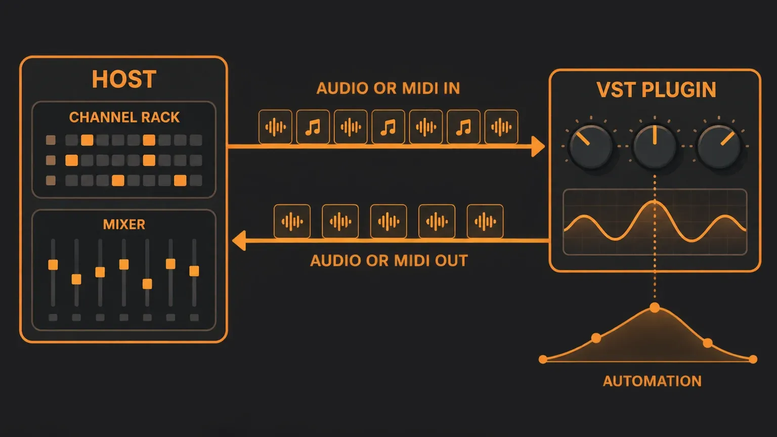 Diagram with a host panel holding a Channel rack and a Mixer next to a VST plugin box with three knobs and a waveform display; an upper arrow carries audio and MIDI blocks into the plugin, a lower arrow returns audio blocks to the host, and an automation curve is joined by a dotted line to one of the plugin's knobs