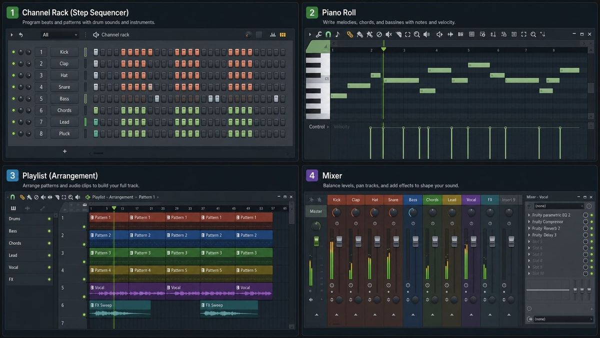 Channel Rack vs Playlist vs Mixer in FL Studio tutorial visualization