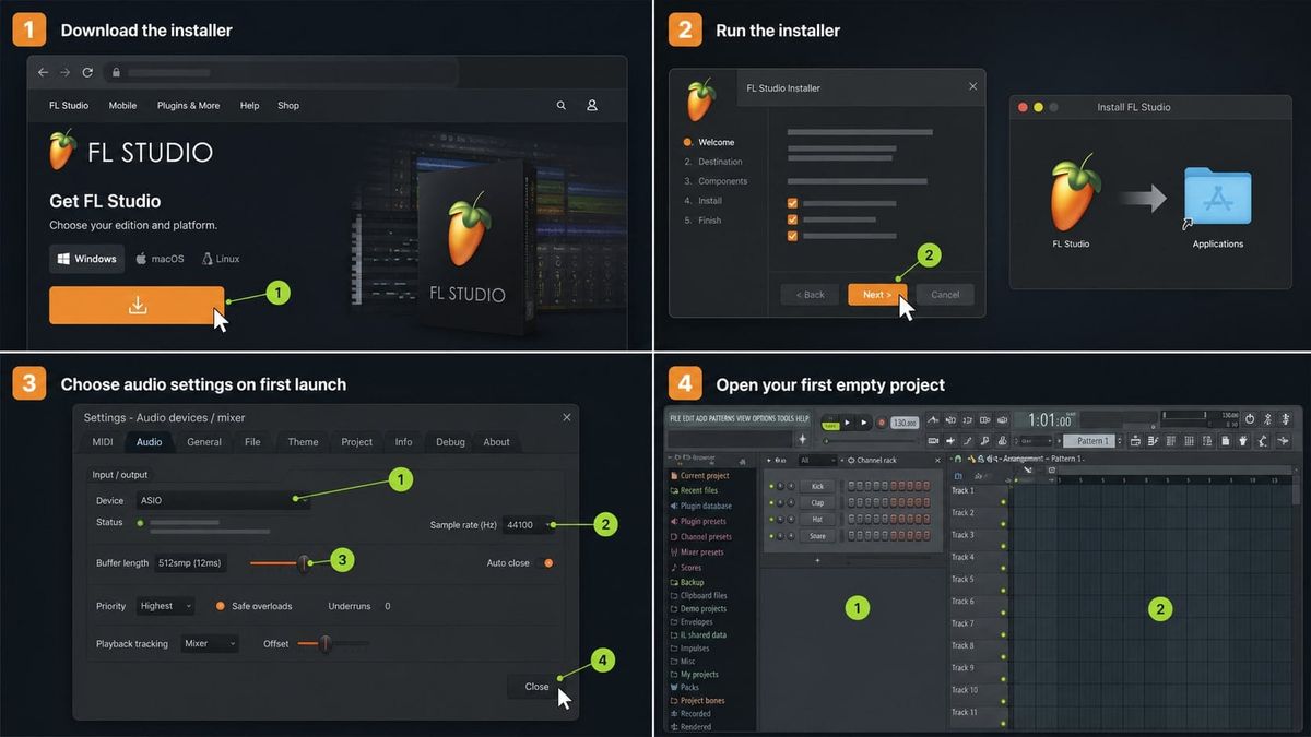 FL Studio installation tutorial visual showing download, installer, audio settings, and first project