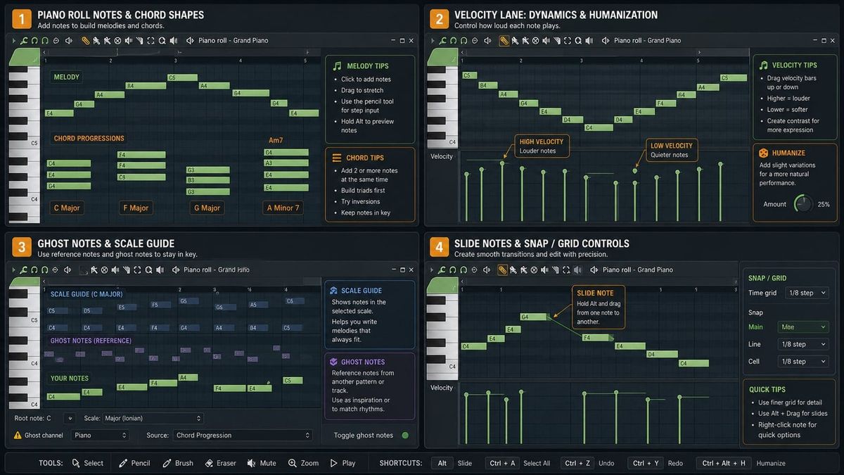 FL Studio Piano Roll Tutorial: Chords, Melodies, Velocity tutorial visualization
