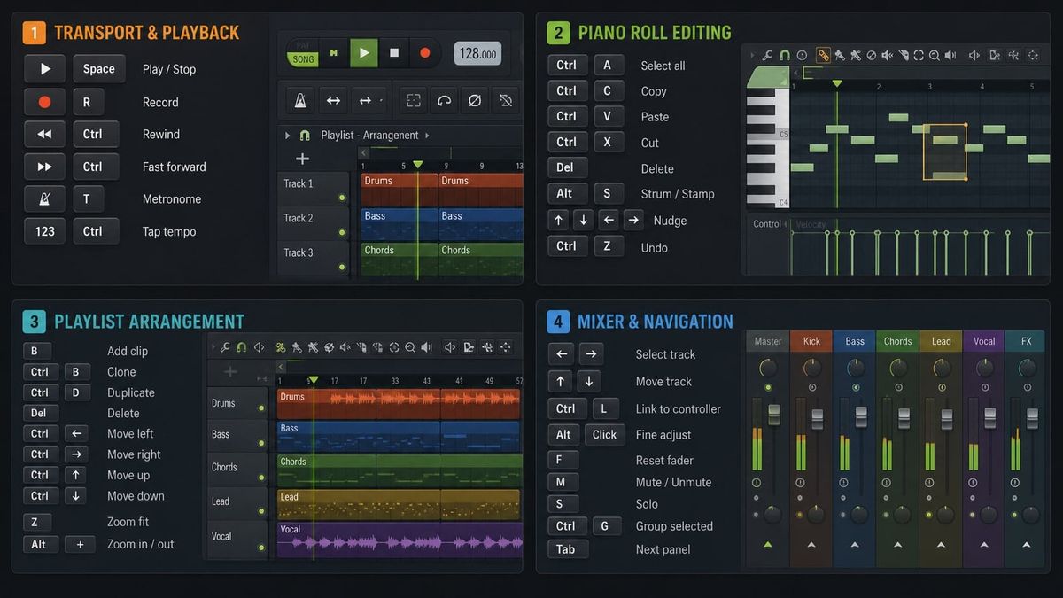 FL Studio keyboard shortcuts tutorial visual for transport Piano Roll Playlist and Mixer