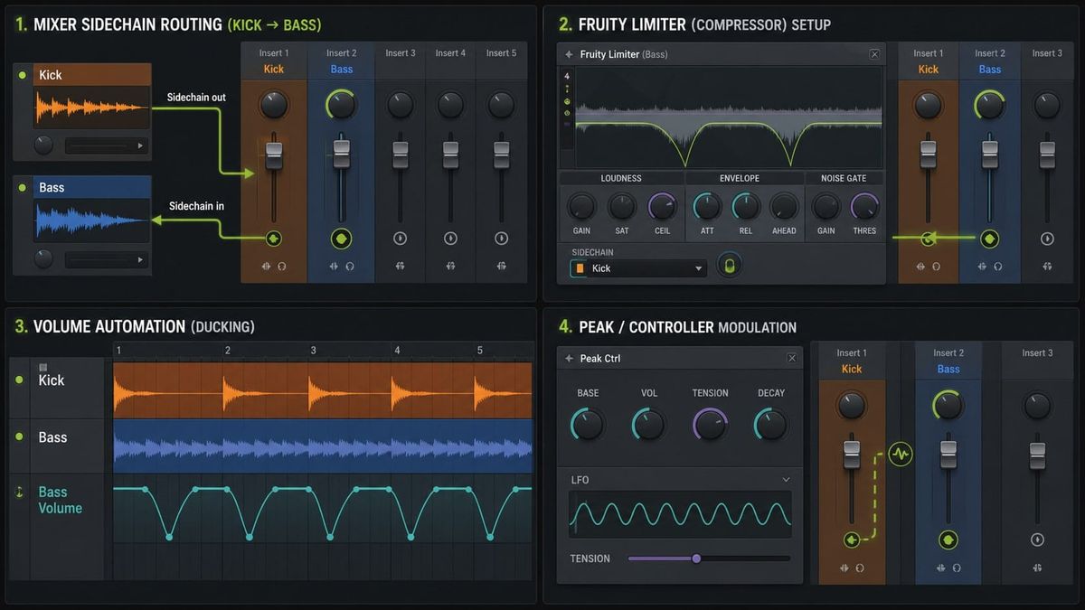 FL Studio sidechain tutorial visual showing mixer routing limiter ducking automation and modulation