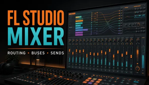 FL Studio Mixer cover with routing lines, faders, effect slots and Master meters