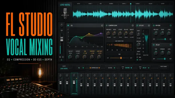 FL Studio vocal mixing cover with waveform EQ compression de-essing reverb and delay panels