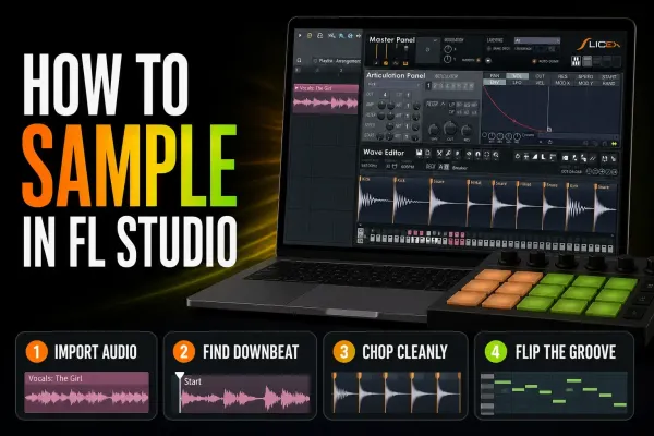 FL Studio sampling workflow from imported audio to a playable Slicex rhythm