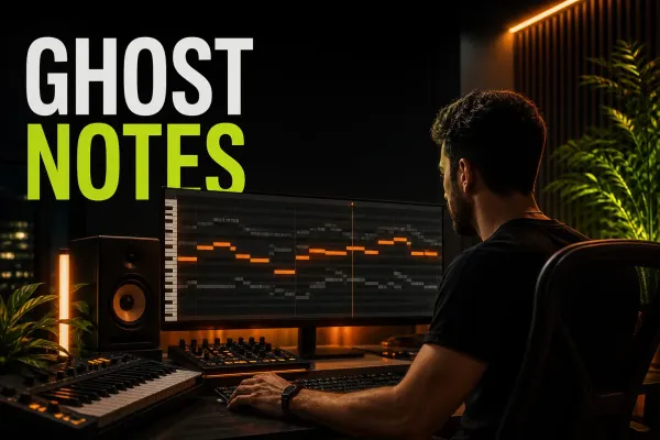 Producer arranging a melody with FL Studio Ghost Notes visible behind the active notes