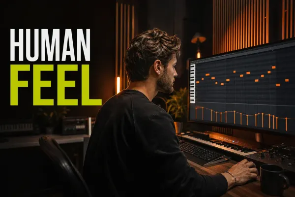 Producer at a MIDI keyboard with note and velocity patterns on an FL Studio-style display