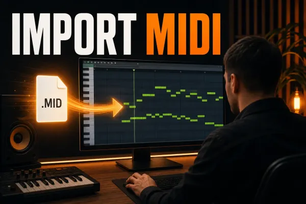 A MIDI file pointing toward an FL Studio-style display in a producer’s studio