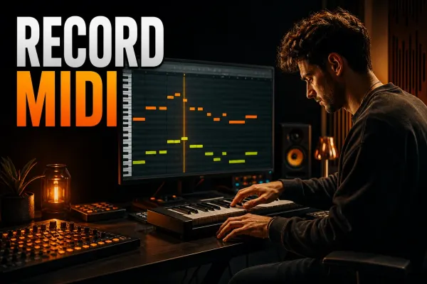 Producer recording a MIDI keyboard performance into the FL Studio Piano Roll