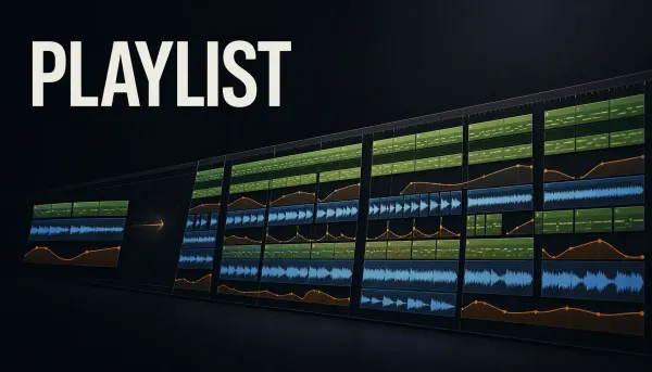 PLAYLIST lettering beside a layered arrangement of green patterns, blue audio and orange automation