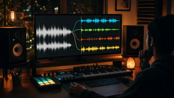 Stereo waveform branching into four coloured audio parts on a music-production desk