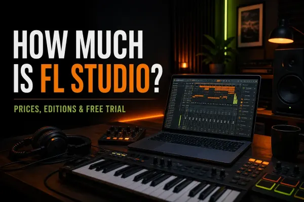 FL Studio editions and pricing shown beside a music production desk and DAW laptop