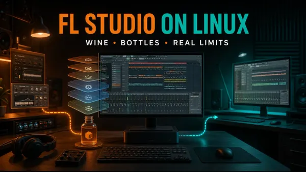 FL Studio music workstation with Wine and Bottles motifs and a separate studio computer