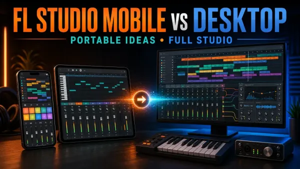 FL Studio Mobile on a phone and tablet beside a Desktop music workstation