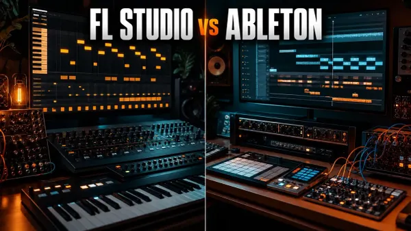 FL Studio pattern workspace and Ableton arrangement workspace on two contrasting studio desks