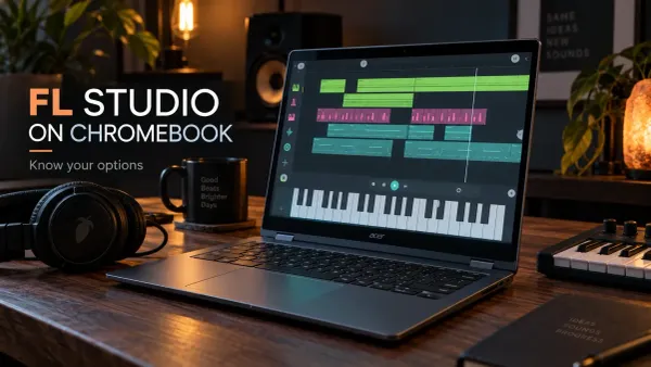 Chromebook music setup with a mobile arrangement, MIDI keyboard and headphones