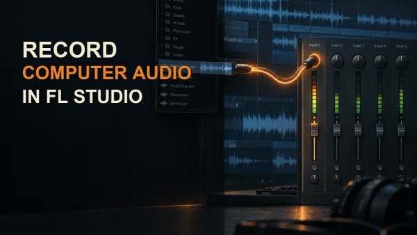 FL Studio computer-audio recording route with a browser waveform, virtual cable and Mixer Insert